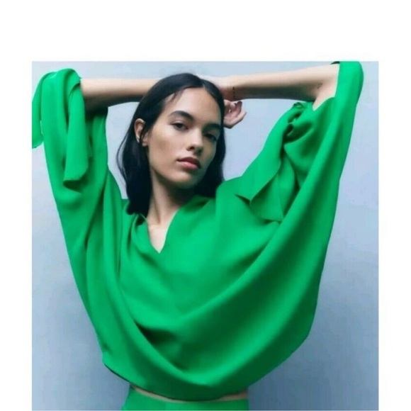 Zara Emerald Green V Neck Tie Sleeves Fluid Blouse Top Medium 4437 054 - Picture 4 of 16